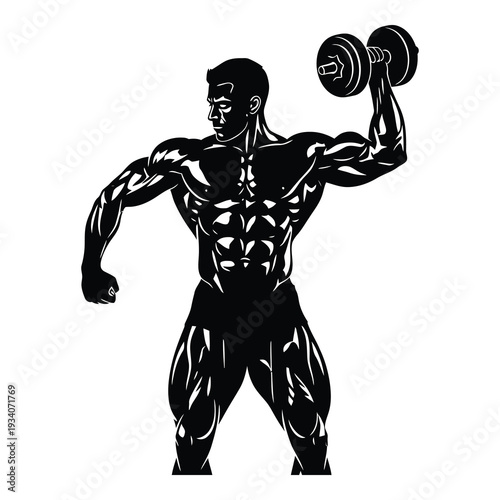 Muscular man lifting dumbbell in silhouette on white background isolated