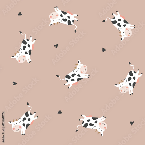 Seamless jumping cow pattern on beige background. This vector illustration is perfect for fabric, nursery decor, wallpaper and kids textile design.
