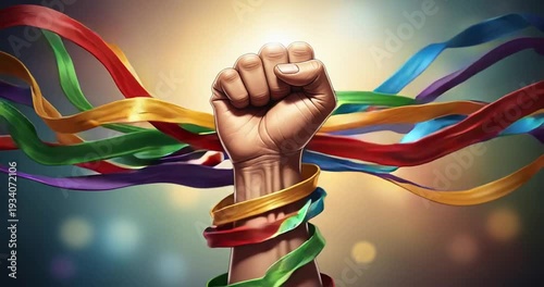Raised Fist Wrapped in Colorful Ribbons.