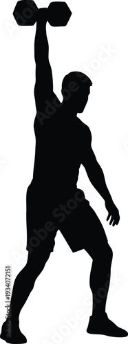 A silhouette of a person lifting a dumbbell above their head in a gym setting. isolated on transparent background
