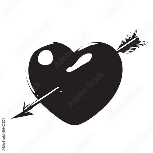 Bold black heart pierced by arrow emblem representing love and passion.