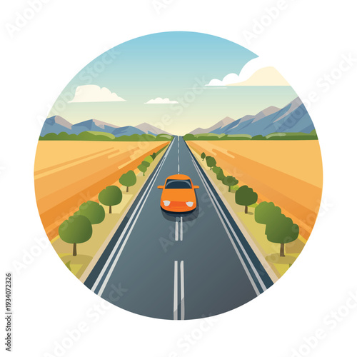 Orange car drives on highway towards mountains in scenic landscape