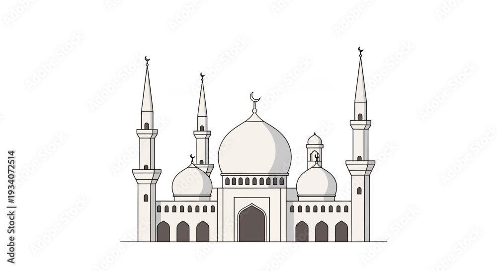 Fototapeta premium Elegant white mosque with prominent domes and minarets, set against a dark background with clouds