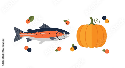 Illustration of a salmon swimming near a pumpkin with berries and leaves