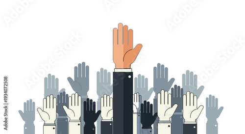 Many hands raised in a meeting, one hand stands out