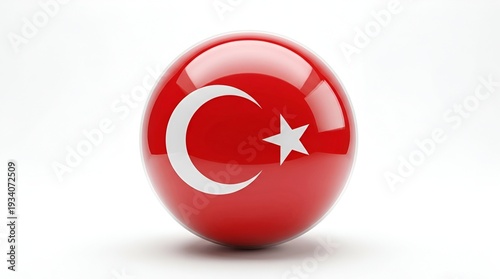 A 3d render of a shiny sphere displaying the national flag of turkey on a white background