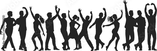 Dancing people silhouettes set, group of men and women party celebration vector illustration collection for nightclub design