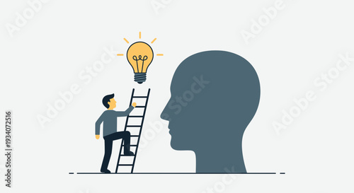 Man climbing ladder towards a glowing lightbulb representing an idea within a large silhouette of a head