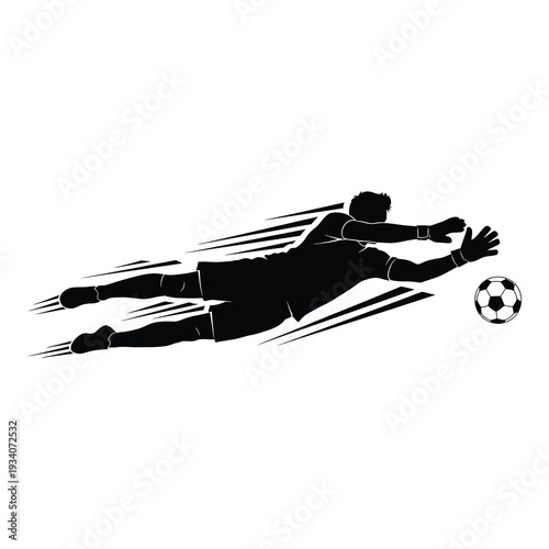 Goalkeeper diving to save soccer ball in action isolated on white background