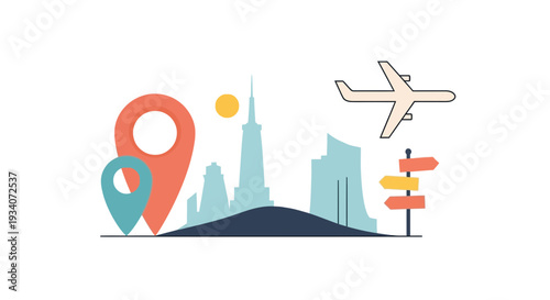Travel and City Exploration with Airplane and Map Pins
