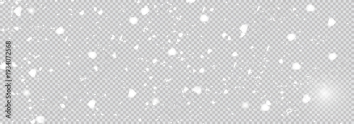 Falling snow dust and snowflake overlay. Transparent white winter background with realistic snowfall for festive design. Vector illustration.