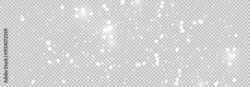 Falling snow dust and snowflake overlay. Transparent white winter background with realistic snowfall for festive design.