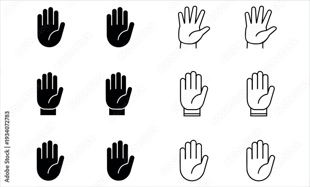 Obraz premium Hand Palm and Stop Icon Set with Human Hand Gesture Outline and Solid Symbols Vector Illustration.