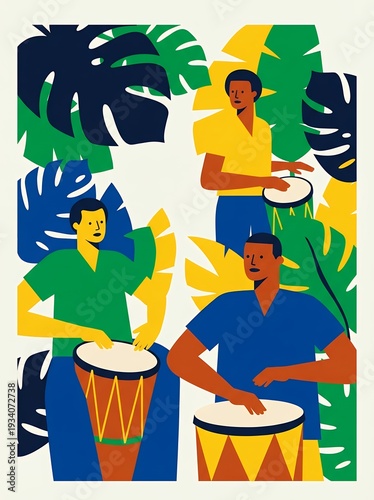four people playing drums surrounded by tropical leaves