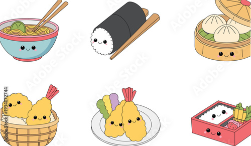 Cute Japanese food characters set, kawaii sushi ramen tempura and bento vector illustration collection for kids menu design