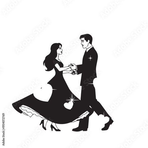 Elegant couple dancing in formal ballroom attire, a bridal gown and tuxedo performing a graceful wedding dance.