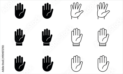 Hand Palm and Stop Icon Set with Human Hand Gesture Outline and Solid Symbols Vector Illustration.