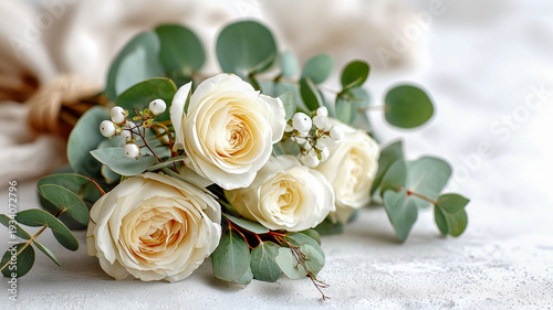 Bukiet różowych i białych róż z zielonymi liśćmi na jasnym tle romantyczna kompozycja kwiatowa