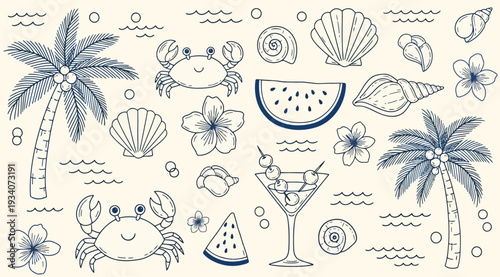A collection of beach themed illustrations including palm trees, seashells, and tropical icons on a beige background