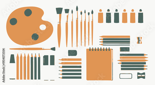 Artistic tools and supplies arrangement isolated on white background