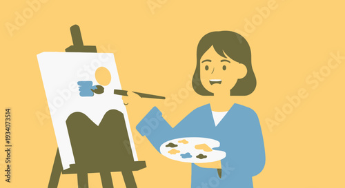 Artist painting on canvas with brush and palette illustration art design