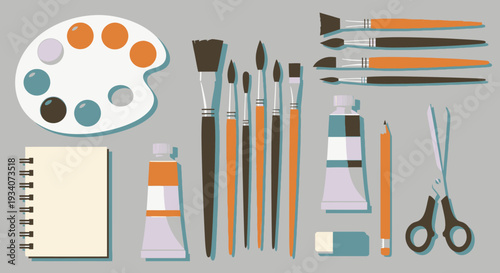 Art supplies illustration paintbrushes palette notebook and tools on gray