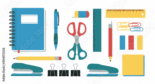 Assorted stationery supplies vector illustration set for education and office