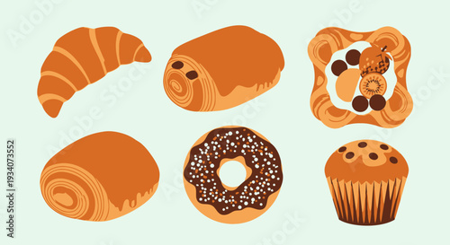 Assortment of baked goods croissant danish donut and muffin on light background