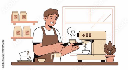 Barista brewing coffee in cafe cartoon illustration white background