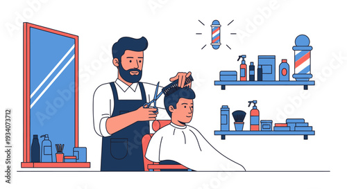 Barber cutting customers hair in salon vector illustration