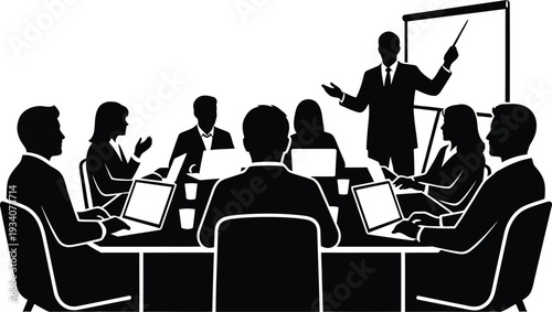 Business professionals engaged in a productive meeting with a presentation isolated on transparent background