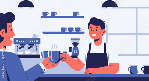 Barista serving coffee to a customer in cafe flat vector illustration