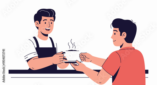 Barista serving coffee to customer at counter modern flat vector illustration