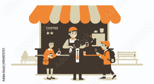 Barista serving coffee to customers at outdoor cafe stall illustration