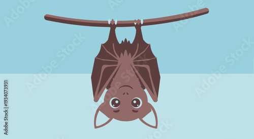 Cartoon bat hanging upside down on a branch against a blue background