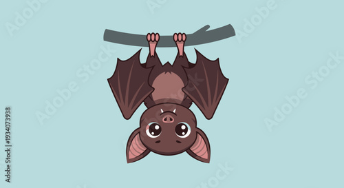 Cartoon bat hanging upside down on a branch against a solid background