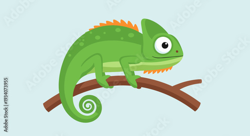 Cartoon chameleon perched on branch against light blue background