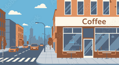 Cartoon coffee shop on city street with vehicles and buildings scene
