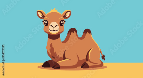 Cartoon camel illustration resting on sand against blue background