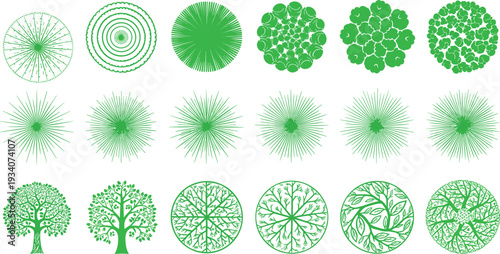 Minimalist green vector set of tree and plant symbols for landscape architecture site plan design garden mapping outdoor environment projects and urban planning diagrams.