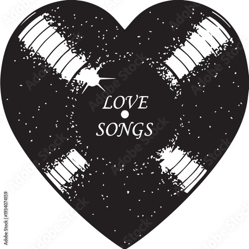 Stylized black heart with white brush strokes and the words Love Songs for romantic graphic design.