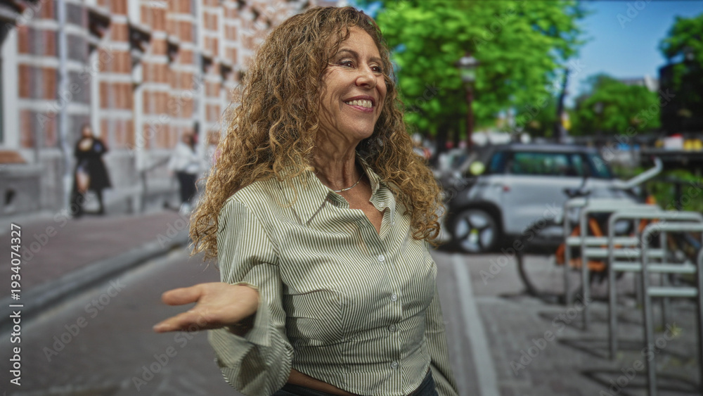Fototapeta premium Woman hand to lips blowing a kiss, smiling and gesturing with open palm beside a parked car and bike rack on a city street with brick building and trees; joyful warmth.