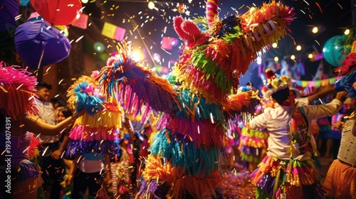 A colorful and lively image of people dancing and celebrating in the streets during a festival.
