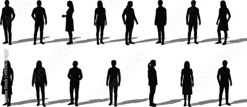 Collection of black people silhouettes with shadows in various standing and walking poses for architectural visualization urban planning site mapping community projects and diagrams.