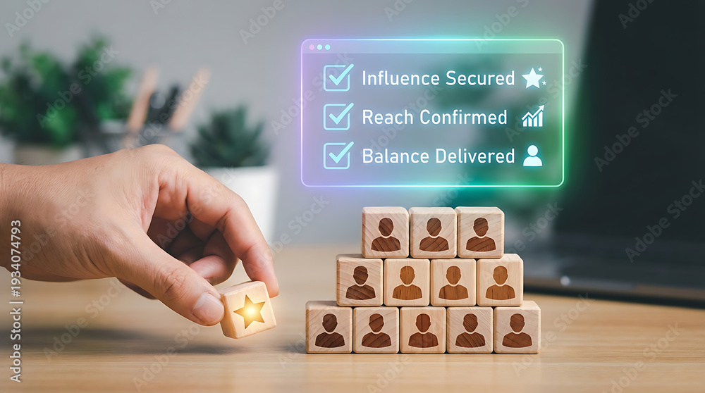 Obraz premium Hand placing star block beside pyramid of people icons on desk with influence secured checklist