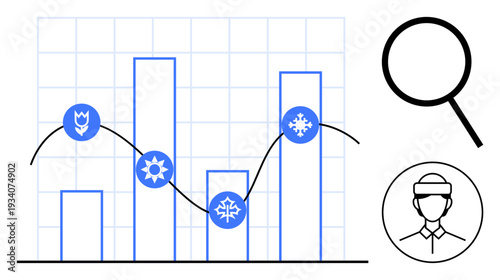 Bar chart with seasonal symbols and curved trend line, magnifying glass, avatar icon. Ideal for analytics, seasonality, market trends, research, business, demographics simple flat metaphor