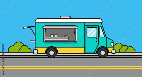 Cartoon food truck parked by road on sunny day street scene