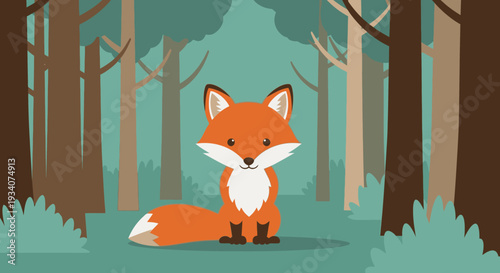 Cartoon fox in a forest scene illustration with trees and bushes