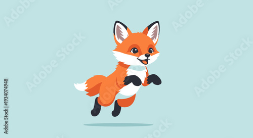 Cartoon fox leaping joyful against a solid light blue background illustration