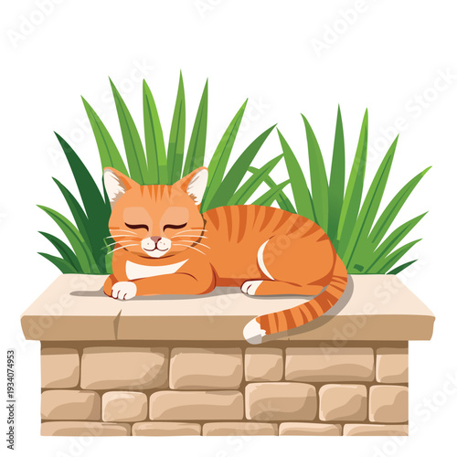 Orange cat resting on brick wall with green grass